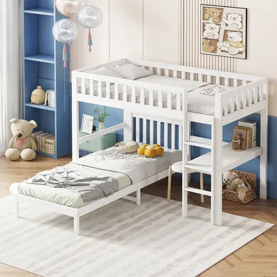 Produktbild von Etagenbett mit dreistufiger Leiter und Schreibtisch Kinderbett Hausbett Kiefernbett Jugendbett Kiefer+MDF 90x200cm Weiß