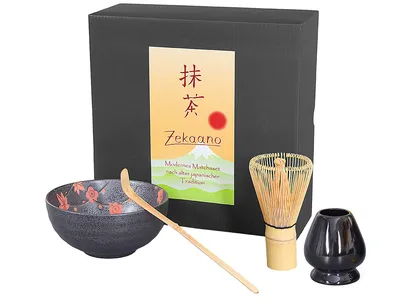 Produktbild von Matcha Set / Matchaset / Matcha Schale 250ml, anthrazit/rot, mit Besen/Löffel/Halter in Geschenkbox