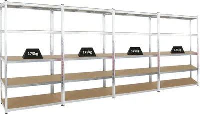 Produktbild von Mega Deal | 4x Schwerlastregal Giant Ragnar | HxBxT 200x120x50cm | 5 MDF-Platten-Ebenen | Fachlast 175kg | Verzinkt
