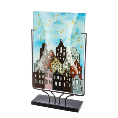 Produktbild von Casablanca Glasart, Vase, rechteckig, "Stadtlichter", Hausmotiv, Glas, Metall, grau, hellblau, schwarz, , L. 10 cm, B. 27 cm, H. 45 cm 55530