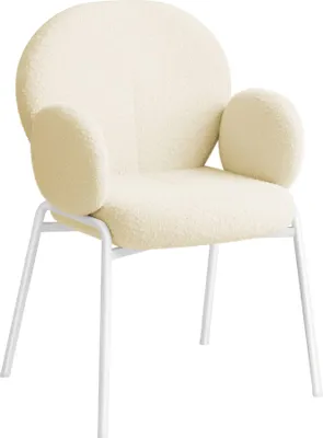 A cream-colored bouclé armchair with white metal legs, presented against a white background.