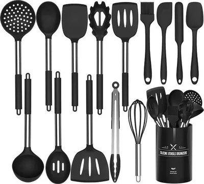 Produktbild von Unyqoos® 15‑teiliges Silikon-Küchenhelfer-Set, hitzebeständig bis 230 °C, BPA-frei, antihaftfreundlich, 18/8 Edelstahlgriff – Spatel, Löffel, Zange, Schneebesen
