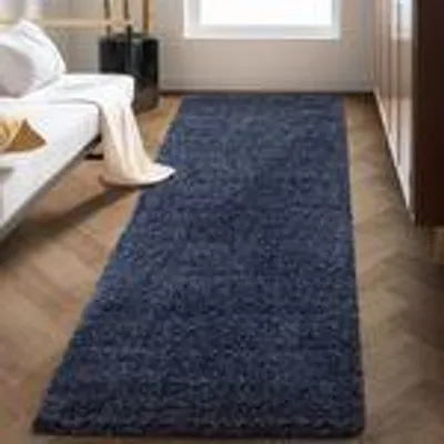 Produktbild von Teppich Wohnzimmer Hochflor Einfarbiges Design Langflor Shaggy Modern Flauschig, Größe: 80 x 250 cm, Farbe: Marineblau