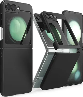 A black silicone case for a Samsung Galaxy Z Flip 5 phone is shown from multiple angles. The phone is partially open, revealing its screen and camera lenses. The case is designed to protect the phone and has a matte finish.
