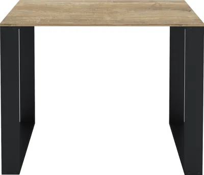 A product shot of a table with a wooden top and black metal legs, presented against a white background.