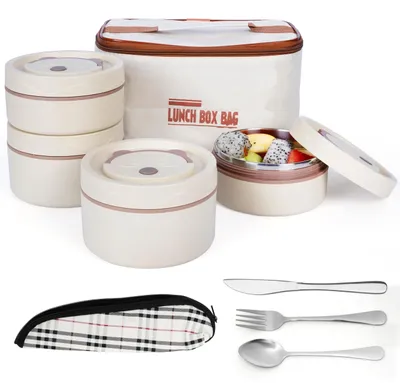 Produktbild von Belle Vous 5-teiliges tragbares isoliertes Lunchbox-Set mit Besteck - 4 Edelstahl Thermobehälter für Essen - Stapelbar und auslaufsicher - Thermo