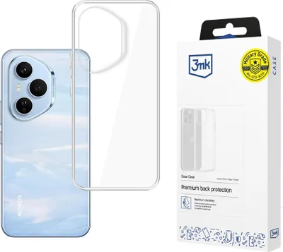 A clear phone case is shown next to a smartphone and its packaging.