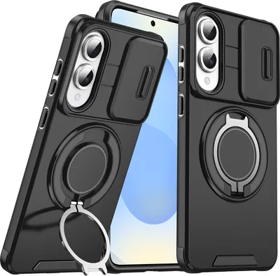 Image de Etui double couche pour Samsung Galaxy S25 Edge, avec couvercle coulissant pour l'appareil photo et anneau magnétique Noir