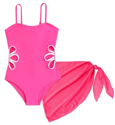 Produktbild von Badeanzug für Mädchen mit Mesh-Rock – Einteiliger Badeanzug mit Blumenmuster – Rosa