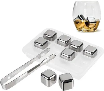 Produktbild von Ibenzoa® Edelstahl-Kühlsteine 8er-Set – wiederverwendbare Whisky-Steine (Edelstahl 304) mit Zange & Aufbewahrungsbox, Getränke kühlen ohne Verwässern