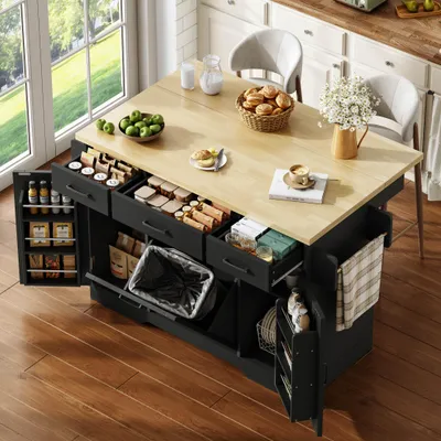 Immagine prodotto di Isola mobile da cucina, dimensioni 120x45(70)x87 cm, piano di lavoro pieghevole, spazio contenitivo, cassetto per la raccolta dei rifiuti, ripiano per le spezie, cassetto, ruote.