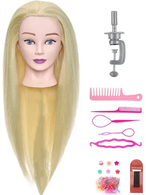 Produktbild von Trainingskopf 50% Echthaar mit Tischklemme und Styling-Zubehör - Friseurkopf – Übungskopf Friseur - Blond - 60 cm