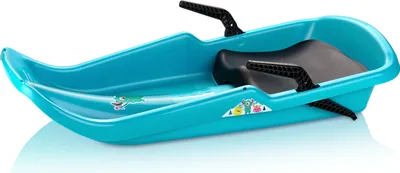 A cyan plastic sled with black handles and seat, shown on a white background.
