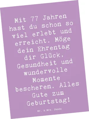 Produktbild von Mr. & Mrs. Panda Postkarte Spruch 77. Geburtstag Glückwunsch - Lavendeltraum - Geschenk, besonderes, Postkarten, Alter, Kunstkarten, Ansichtskarte, Meilenstein, Grußkarte