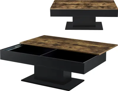 Two views of a coffee table with a wood-look top and black base, one showing the table closed and the other with the top lifted to reveal storage compartments.