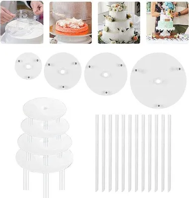 Immagine prodotto di Vassoio per torte, base per 4 giorni, rondelle in plastica, riutilizzabile per matrimoni, feste, compleanni (10 x 10 x 10 x 25 x 25 cm), bianco