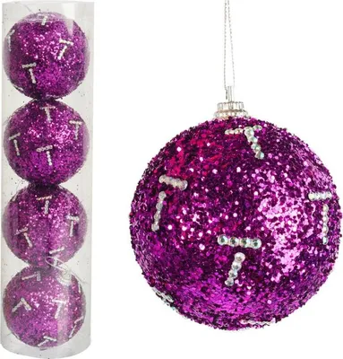 Productafbeelding van Set van 4 paarse piepschuimballen met glitter, 6 cm - Kerstdecoratie