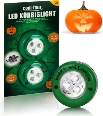 Produktbild von com-four® 2x LED-Licht für Halloween - Stroboskop Effekt - Blinkende Kürbis LED Lichter für ausgehölte und geschnitzte Kürbisse - Kürbis-Lampe für Halloween