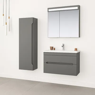 Obrázek produktu pro Orka | Koupelnový nábytek - 80 cm - Šedý - Elegantní design - Se zrcadlem a umyvadlem - Tiché zavírání