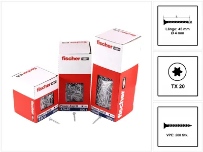 Produktbild von fischer Spanplattenschraube PowerFast, FPF II CTF 4,0 x 45 BC 200 Senkkopf mit Innenstern TX Vollgewinde galvanisch verzinkt, blau passiviert, 200 Stück
