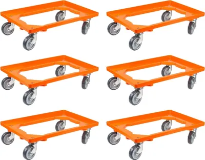 Produktbild von SparSet 6x Transportroller für Euroboxen 60x40cm mit Gummiräder orange | Offenes Deck | 2 Lenkrollen & 2 Bockrollen | Traglast 300kg | Kistenroller Logistikroller Rollwagen Profi-Fahrgestell