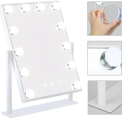 Produktbild von MODFU Hollywood Spiegel Schminkspiegel mit Beleuchtung 12 dimmbare LED Lampen 360° Drehbar Kosmetikspiegel mit 3 Lichtfarben 10x Vergrößerung Touch-Steurung Weiß 30x41 cm