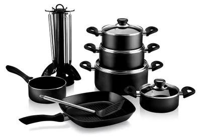 Produktbild von Aluguss-Set 17-teilig - antihaftbeschichtetes Topf- und Pfannenset mit Küchenhelfern - hohe Hitzebeständigkeit und langanhaltende Wärmespeicherung (Schwarz)