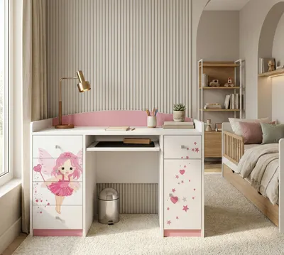 Image de Bureau pour enfants Happy Babies 125x89x60 Bureau PC pour chambre d'enfant avec repose-clavier Bureau d'ordinateur décoratif blanc Motif rose, princesse