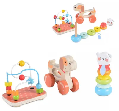 Produktbild von Moni Holzspielzeug-Set 2203, 9-tlg, Motorikschleife, Nachziehtier, Stapelspiel bunt