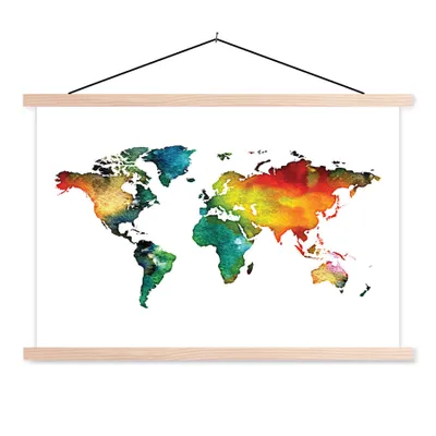 Produktbild von MuchoWow® Textilposter Weltkarte - Aquarell - Grün 60x40 cm mit holzfarbenen Rahmen - Bilder
