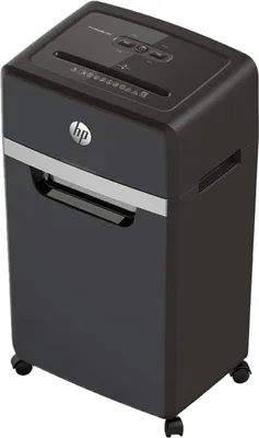 A black HP paper shredder with silver accents sits on a white background.