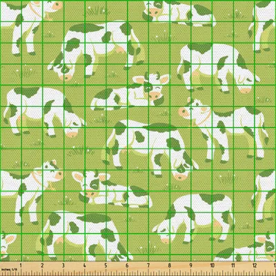 Produktbild von ABAKUHAUS Das Vieh Gewebe als Meterware, Kinderart-Karikatur von Rindern als wiederholendes Muster auf grüner Wiese, 2 M (148 x 200 cm), Apfelgrün blasses Orange