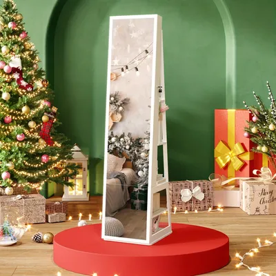 Image de Armoire à bijoux avec miroir pleine longueur et roulettes - Rangement blanc pour bijoux