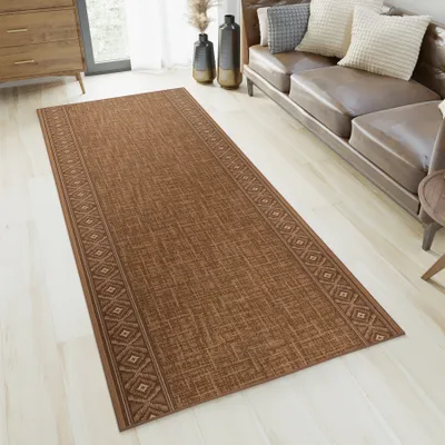 Produktbild von Läufer Teppich Meterware Flur Brücke Wohnzimmer Schlafzimmer Kurzflor Modern Design Rutschfest Braun Hellbraun Oriental Vierecke Küche 67 x 930