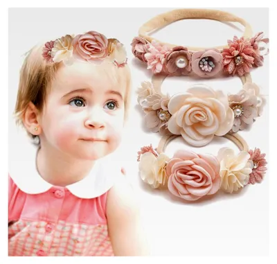 Produktbild von 3 Stück Baby Mädchen Blumenstirnbänder mit Klettverschluss Elastisches Nylon Haarband für Neugeborene
