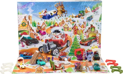 Produktbild von Hot Wheels Spielzeugautos und Spielset, Adventskalender 2025 mit 10 Fahrzeugen im Maßstab 1:64, 10 Clips zum Befestigen und 14 winterlichen Zubehörteilen, JCB47