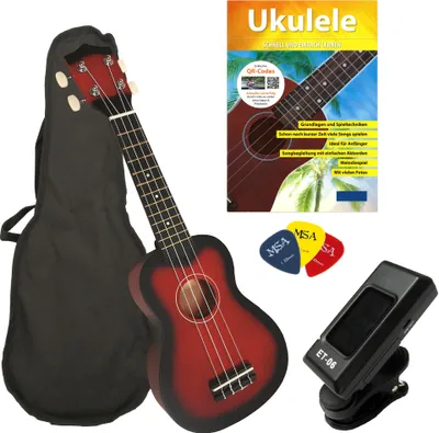 Produktbild von Sopran Ukulele rot matt - Ukulelen Set mit Schule Stimmgerät und Tasche - redburst