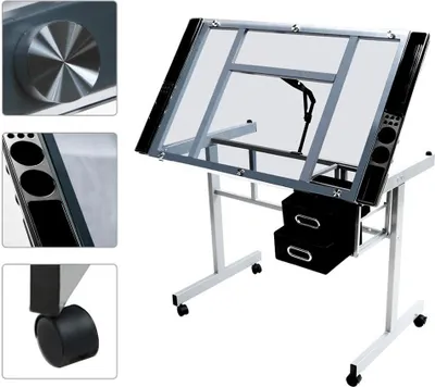 Produktbild von Yaheetech Zeichentisch höhenverstellbarer Schreibtisch mit Kippbarer Tischplatte Architektentisch 2 Schubladen für Architekten/Künstler/Maler Bürotisch 90 cm L × 60 cm B