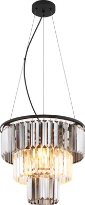 A multi-tiered crystal chandelier hanging from a black ceiling mount.
