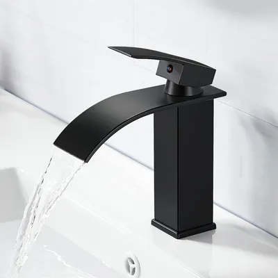 Produktbild von Schwarze Wasserfallarmatur für das Badezimmer, Waschbeckenarmatur schwarz, Badarmatur mit einem Handgriff und einer Auslaufhöhe von 232 mm, matte schwarze Mischbatterie für das Waschbecken