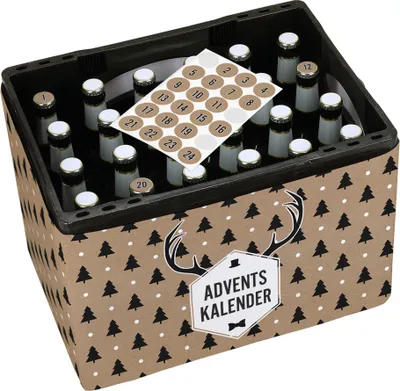 A beer crate decorated as an advent calendar with numbered stickers and a deer antler motif.