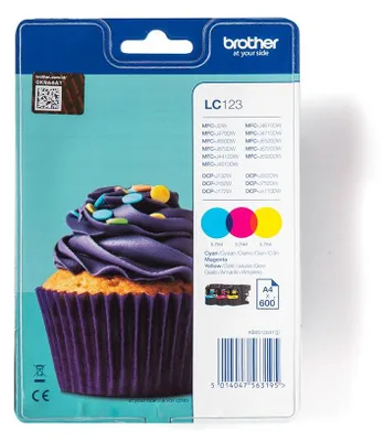 Produktbild von Brother LC123RBWBPDR, Cyan, Magenta, Gelb, Tinte auf Pigmentbasis, 1 Stück(e), 600 Seiten, Multipack