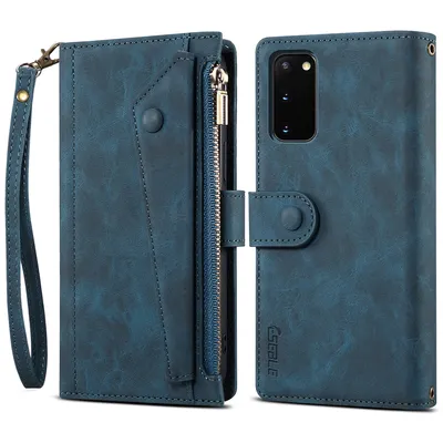 Obrázek produktu pro Ochranné pouzdro pro Samsung Galaxy S20 / S20 5G, kožené pouzdro na zip, skládací peněženka s přihrádkou na karty, stojánek a poutko modré