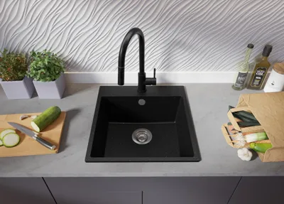 Produktbild von PRIMAGRAN Spülbecken Schwarz Metallic 48x50cm, Granitspüle 1 Becken + Ablauf-Set, Küchenspüle ab 50er Unterschrank - Riga