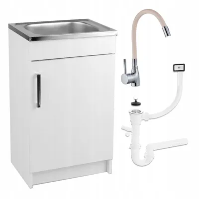A white kitchen cabinet with a sink, faucet, and plumbing parts displayed separately.