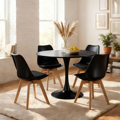 Produktbild von Essgruppe LOIRE mit rundem Tisch und 4 Stühlen, Schwarz - Esszimmermöbel Set, kleiner Tisch 100 cm, Schalenstühle im skandi Stil, ideal für Küche