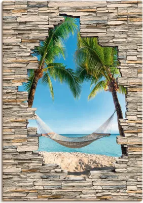 Produktbild von ARTland Leinwandbild Palmenstrand Karibik Hängematte Stein Größe: 70x100 cm