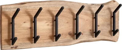 Wandgarderobe Akazie Massivholz Metall Hakenleiste mit sechs schwarzen Haken auf naturfarbener Holzplatte, Gesamtansicht.