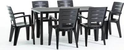 Image de Set de salle à manger d'extérieur avec table rectangulaire 156x78 cm et 6 chaises empilables en résine - design moderne imitation bois, idéal pour le jardin, la terrasse et les espaces extérieurs couverts - robuste, élégant et fonctionnel - THOMAS+ANITA - Noir