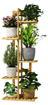 Produktbild von Pflanzenständer aus Bambus, Blumenständer, Blumenregal für drinnen, kleiner Blumenständer aus Metall für Terrasse, Garten, Balkon, Wohnzimmer, Schlafzimmer (5 Ebenen)